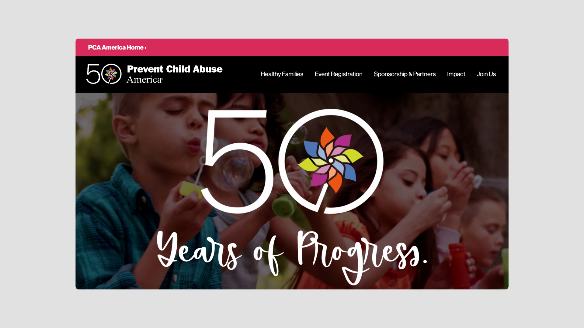 The homepage of the Prevent Child Abuse America 50th Anniversary website